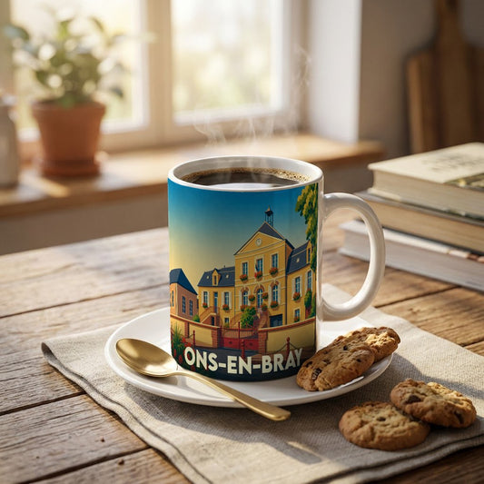 Mug souvenir de la ville d'Ons-en-Bray orné d'une illustration stylisée de l'hôtel de ville.
