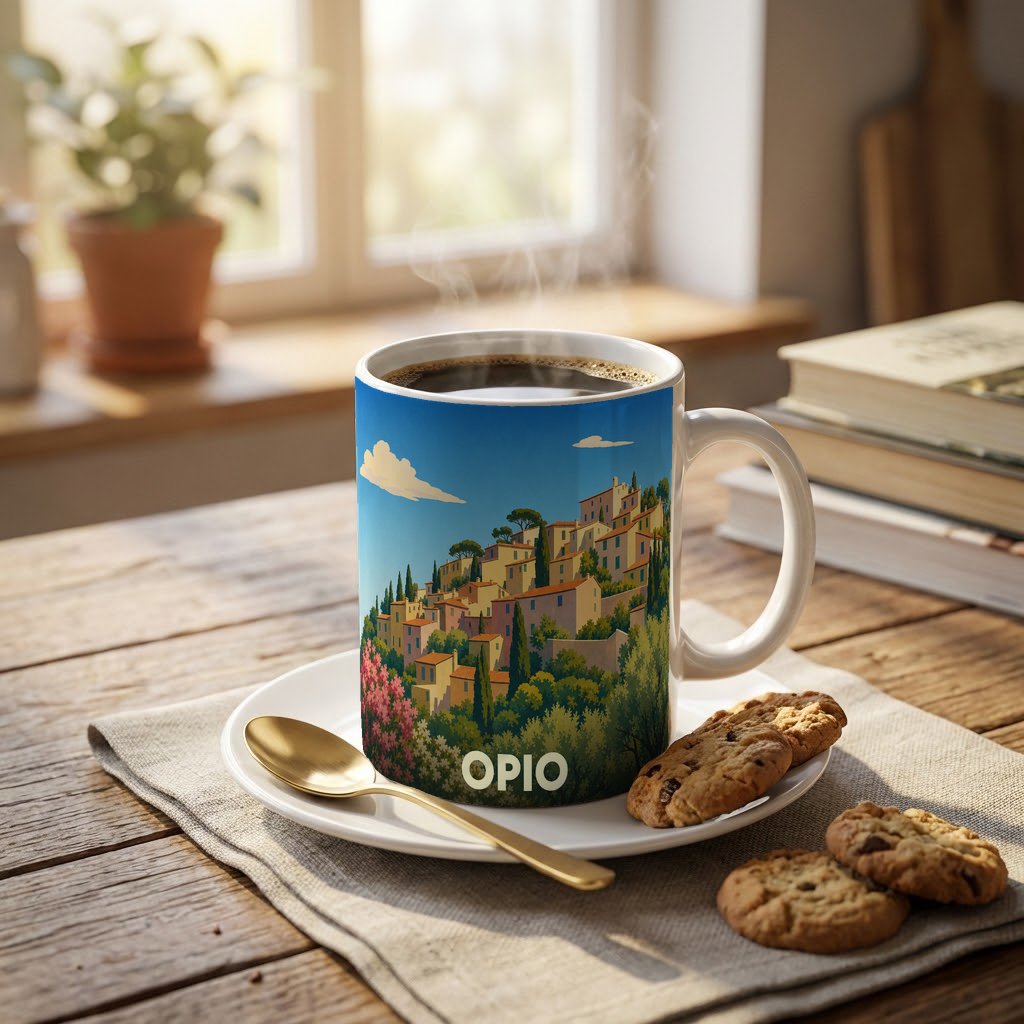 Mug souvenir de la ville d'Opio avec une illustration stylisée d'un village perché provençal.