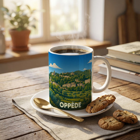 Mug souvenir de la ville d'Oppède avec une illustration de son paysage provençal.
