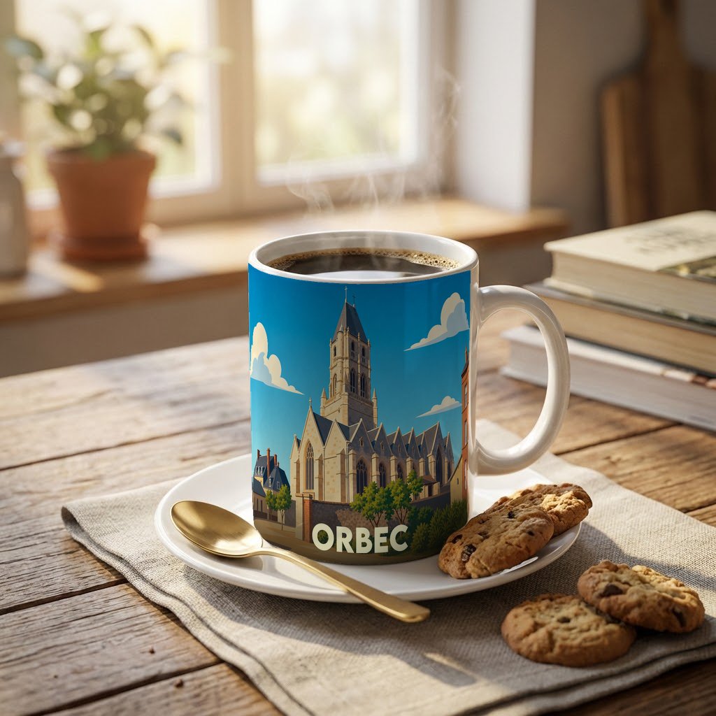 Mug souvenir de la ville d'Orbec avec une illustration stylisée de son église.