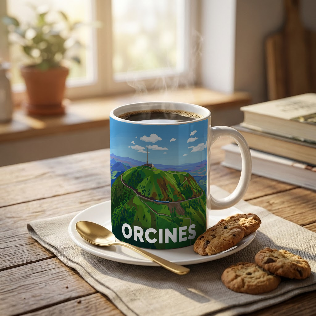 Mug souvenir de la ville d'Orcines avec une illustration stylisée du Puy de Dôme.