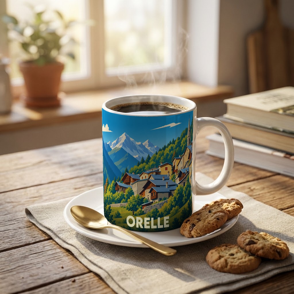 Mug souvenir de la ville d'Orelle illustré d'un paysage alpin stylisé.