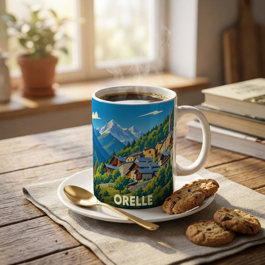 Mug souvenir de la ville d'Orelle illustré d'un paysage alpin stylisé.