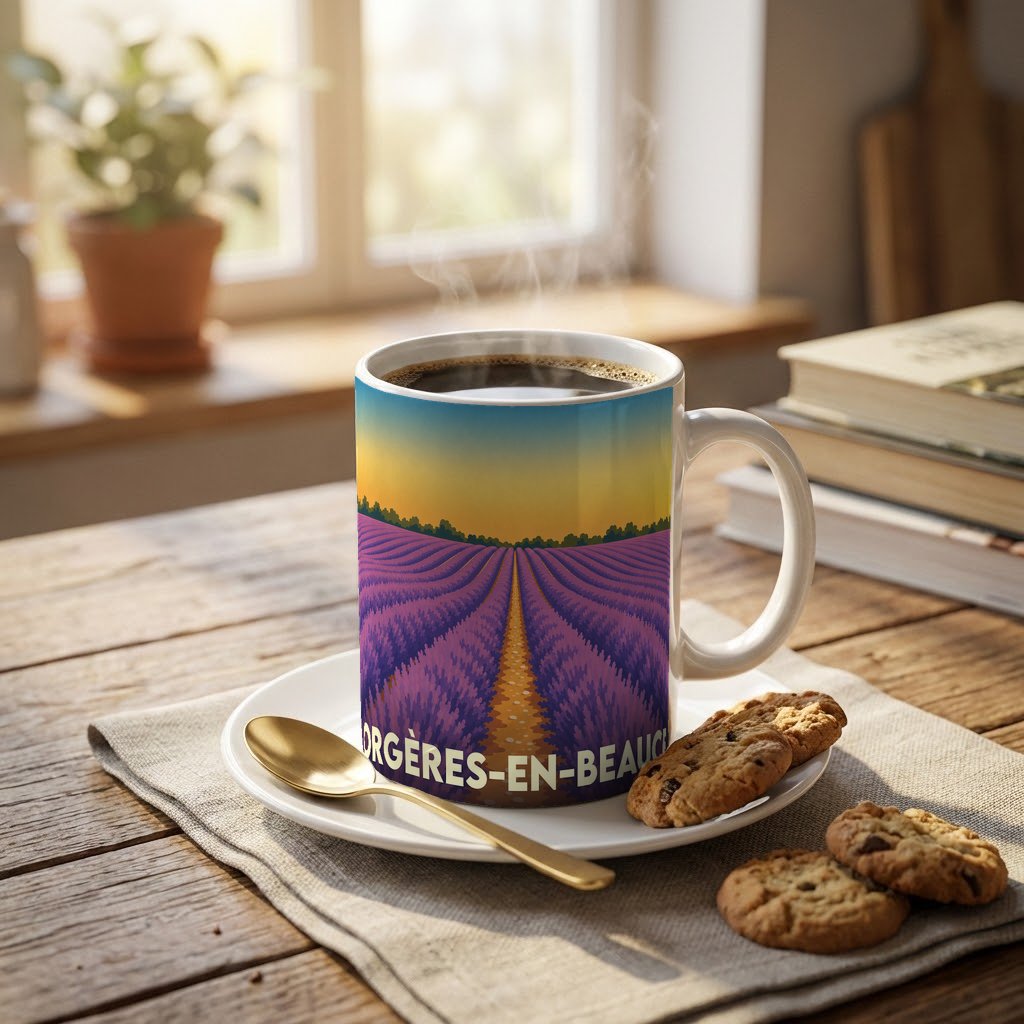 Mug souvenir de la ville d'Orgères-en-Beauce illustrant un champ de lavande stylisé au coucher du soleil.