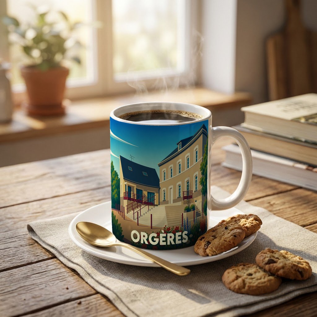 Mug souvenir de la ville d'Orgères avec une illustration stylisée de ses bâtiments.