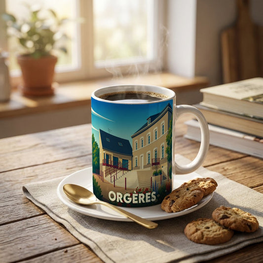 Mug souvenir de la ville d'Orgères avec une illustration stylisée de ses bâtiments.