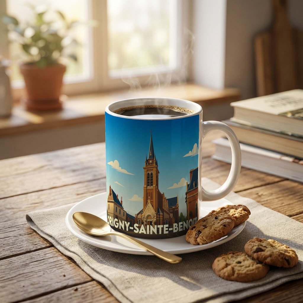 Mug souvenir de la ville d'Origny-Sainte-Benoite avec une illustration stylisée de son église.