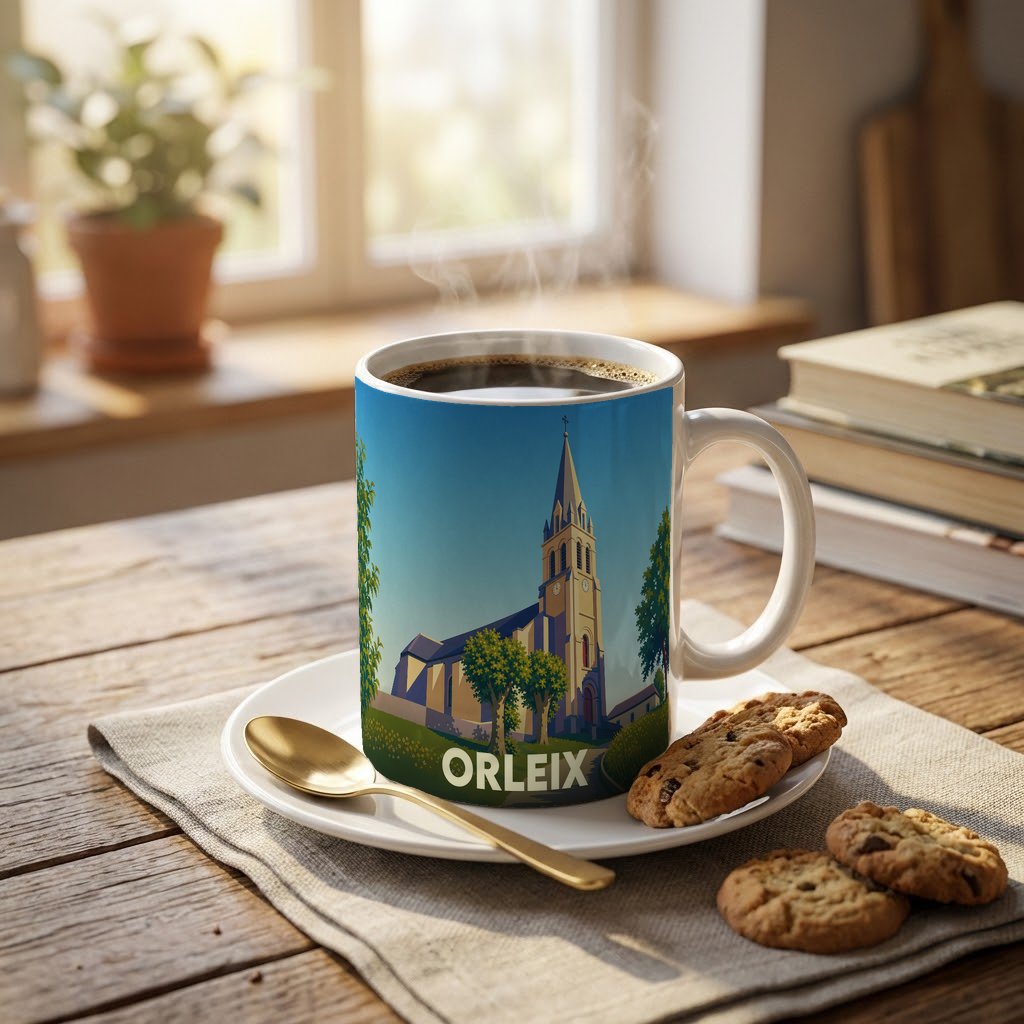Mug souvenir de la ville d'Orleix orné d'une illustration stylisée de son église.