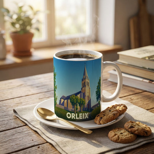 Mug souvenir de la ville d'Orleix orné d'une illustration stylisée de son église.