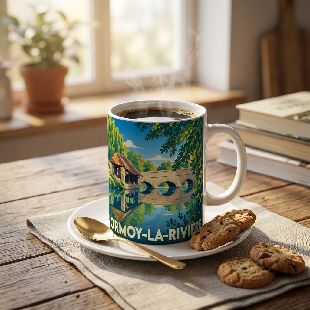 Mug souvenir de la ville d'Ormoy-la-Rivière avec une illustration stylisée d'un pont et d'un moulin au bord de l'eau.