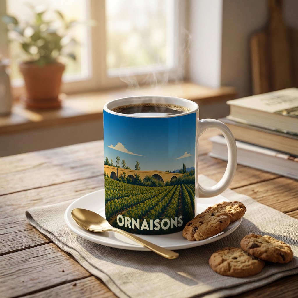 Mug souvenir de la ville d'Ornaisons orné d'une illustration stylisée de vignobles et d'un pont.