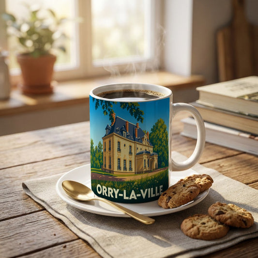 Mug souvenir de la ville d'Orry-la-Ville orné d'une illustration stylisée de son château.