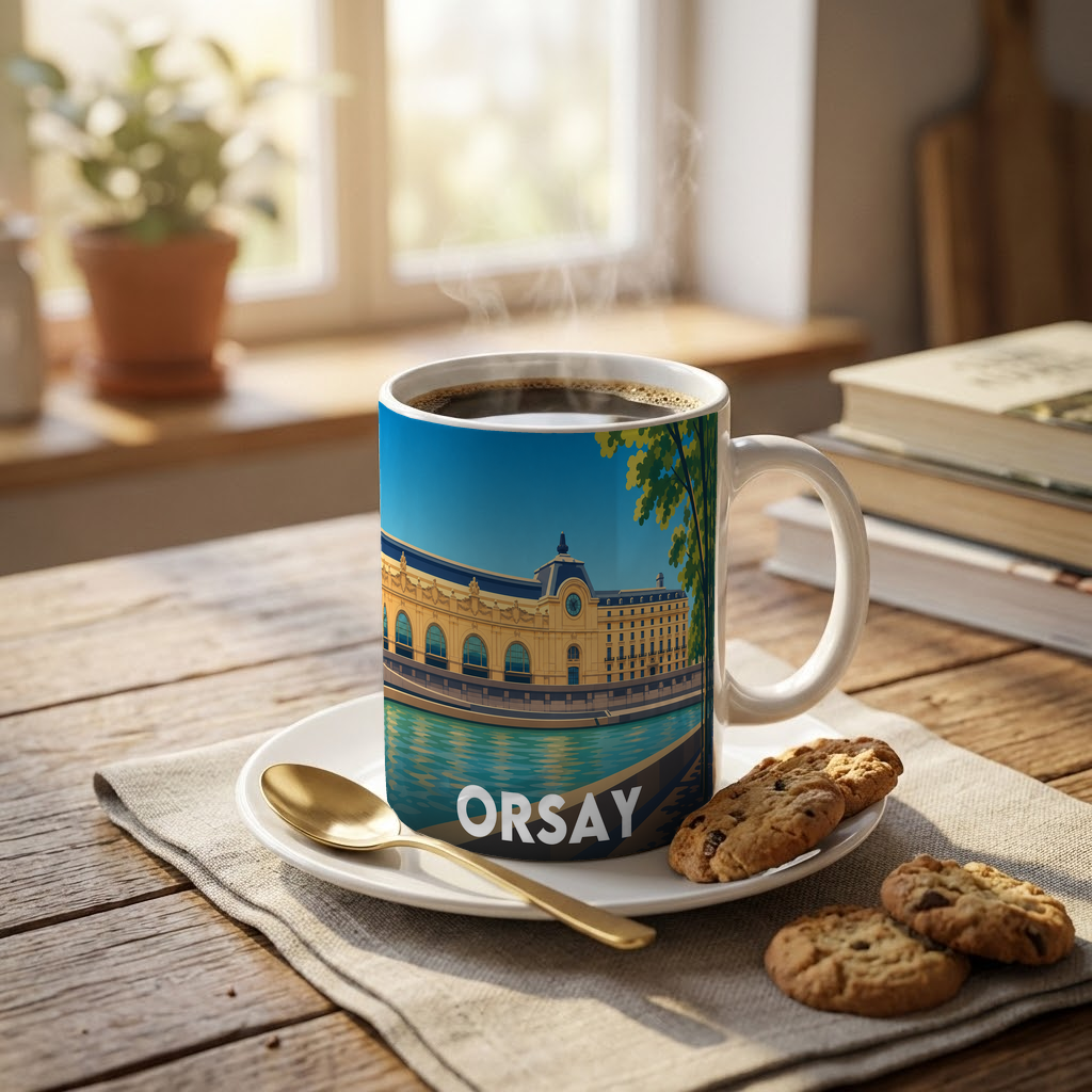 Mug souvenir de la ville de Orsay avec une illustration stylisée du musée au bord de l'eau.