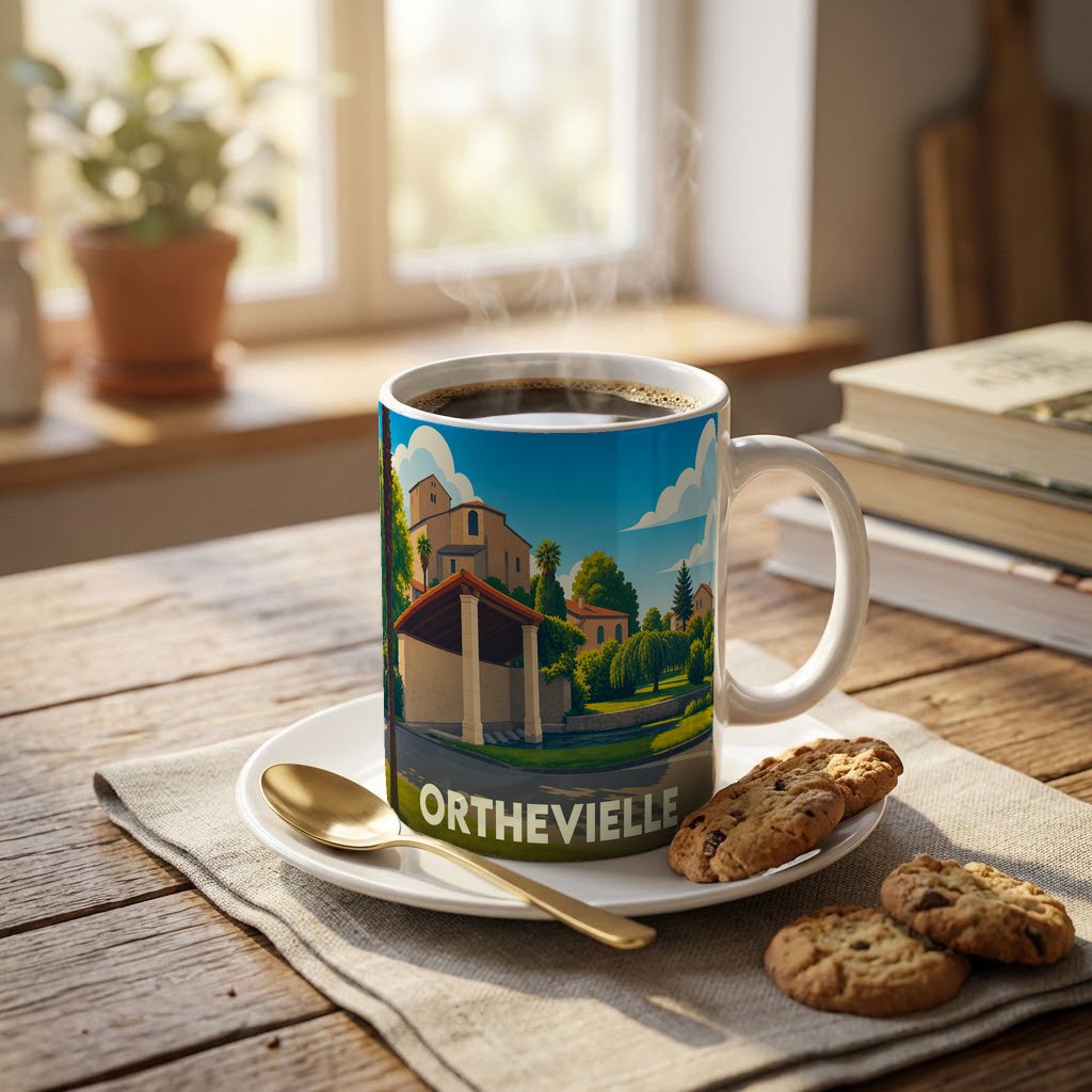 Mug souvenir de la ville d'Orthevielle orné d'une illustration stylisée de son architecture et de ses paysages.