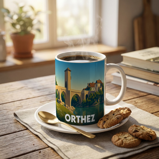 Mug souvenir de la ville d'Orthez orné d'une illustration stylisée de son célèbre pont fortifié.