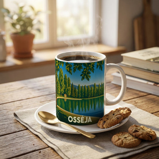 Mug souvenir de la ville d'Osséja avec une illustration stylisée d'un lac bordé de sapins.