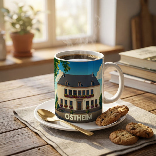 Mug souvenir de la ville d'Ostheim orné d'une illustration stylisée d'un bâtiment fleuri.