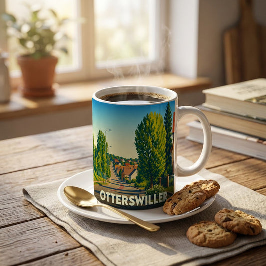 Mug souvenir de la ville d'Otterswiller avec une illustration stylisée d'un paysage urbain verdoyant.