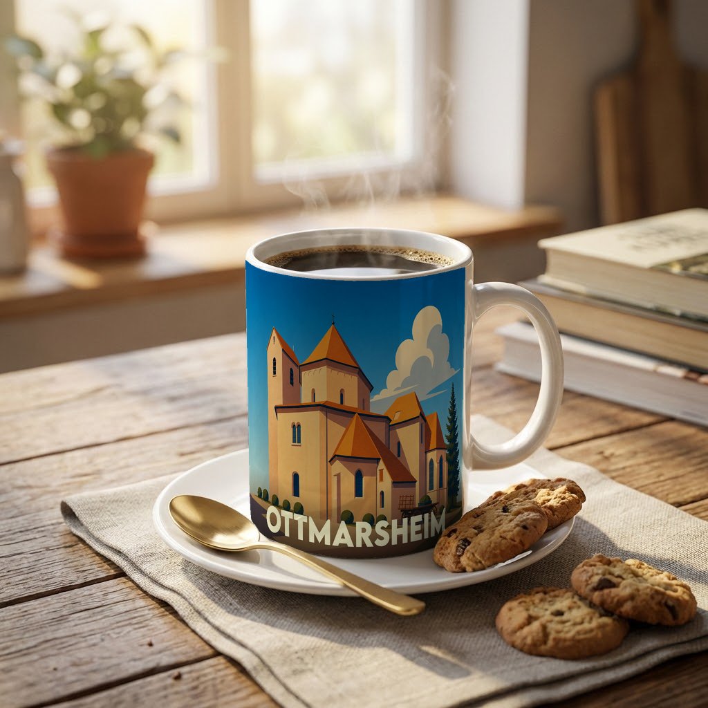 Mug souvenir de la ville d'Ottmarsheim orné d'une illustration stylisée de son abbatiale romane.