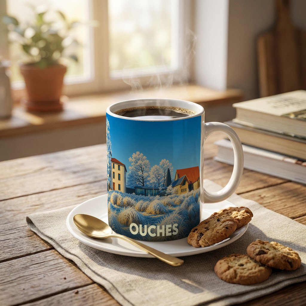 Mug souvenir de la ville de Ouches orné d'une illustration hivernale stylisée.