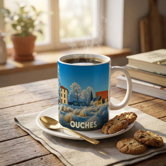 Mug souvenir de la ville de Ouches orné d'une illustration hivernale stylisée.