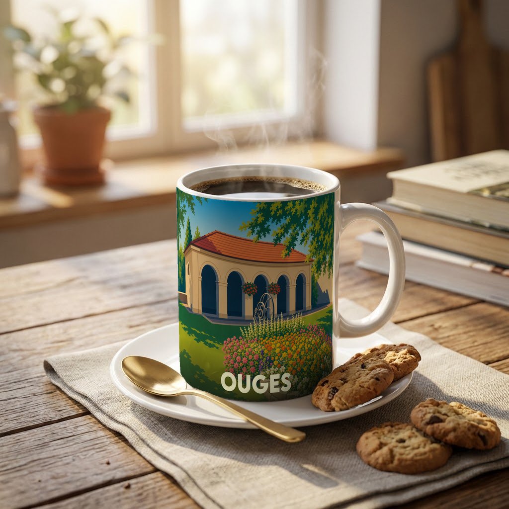 Mug souvenir de la ville de Ouges avec une illustration stylisée d'un bâtiment provençal et de jardins fleuris.