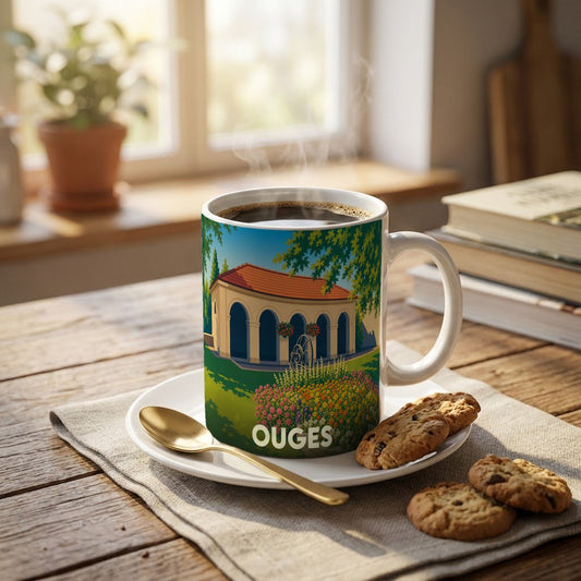 Mug souvenir de la ville de Ouges avec une illustration stylisée d'un bâtiment provençal et de jardins fleuris.