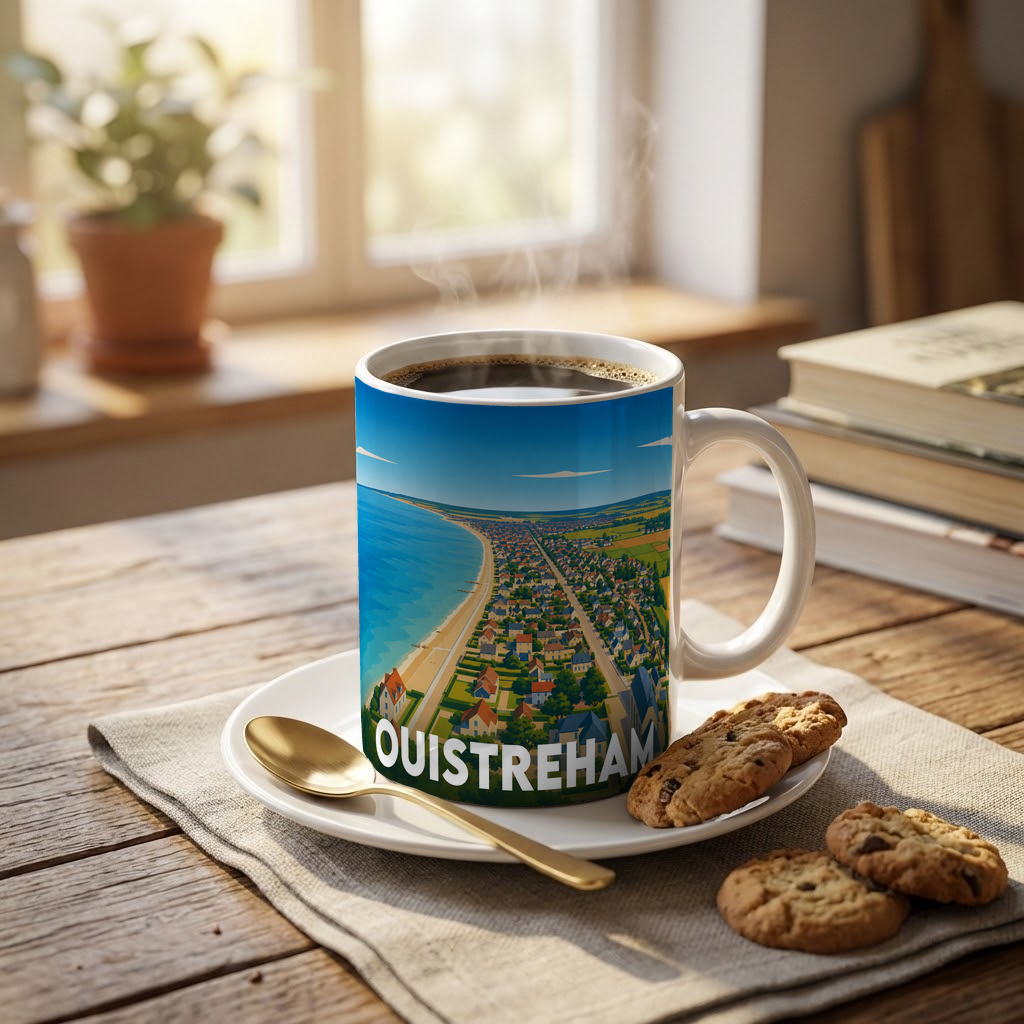 Mug souvenir de la ville de Ouistreham avec une illustration stylisée du littoral.