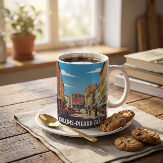 Mug souvenir de la ville de Oullins-Pierre-Bénite avec une illustration stylisée.