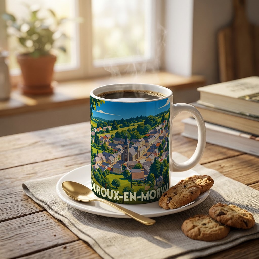 Mug souvenir de la ville d'Ouroux-en-Morvan avec une illustration stylisée d'un village français entouré de verdure.