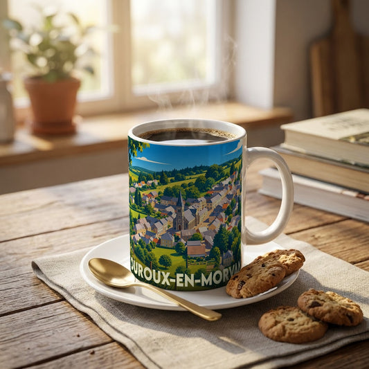 Mug souvenir de la ville d'Ouroux-en-Morvan avec une illustration stylisée d'un village français entouré de verdure.