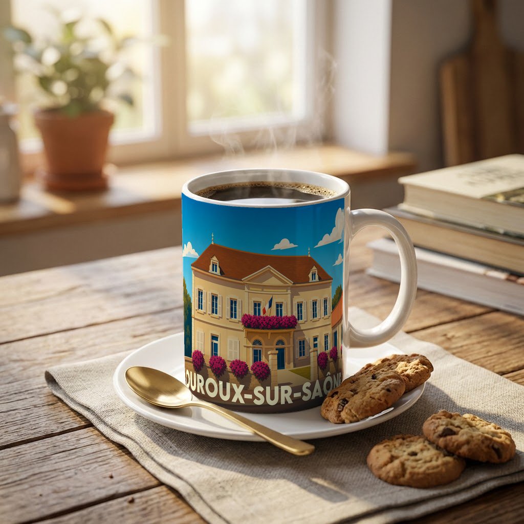 Mug souvenir de la ville d'Ouroux-sur-Saône avec une illustration stylisée de sa mairie.