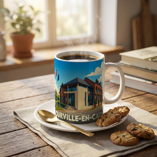 Mug souvenir de la ville d'Ourville-en-Caux orné d'une illustration stylisée de sa mairie.