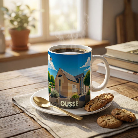 Mug souvenir de la ville de Ousse orné d'une illustration stylisée de son architecture locale.