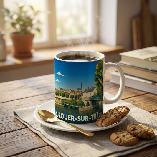 Mug souvenir de la ville d'Ouzouer-sur-Trézée orné d'une illustration stylisée de ses quais et de son pont.
