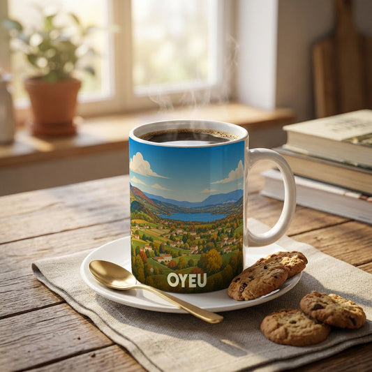 Mug souvenir de la ville de Oyeu orné d'une illustration paysagère stylisée.