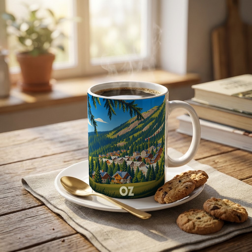 Mug souvenir de la station d'Oz avec une illustration stylisée d'un village de montagne.