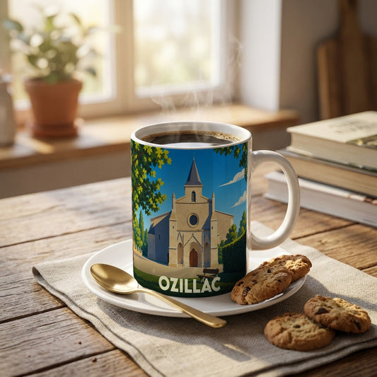 Mug souvenir de la ville d'Ozillac avec une illustration stylisée de son église.