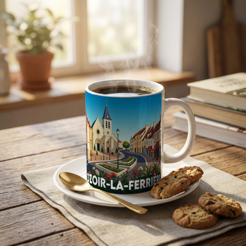 Mug souvenir de la ville d'Ozoir-la-Ferrière avec une illustration stylisée de son centre-ville.