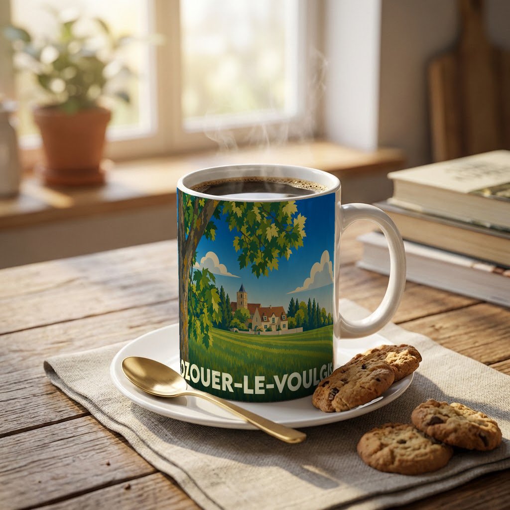 Mug souvenir de la ville d'Ozouer-le-Voulgis avec une illustration stylisée d'un paysage champêtre.