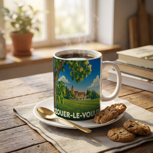 Mug souvenir de la ville d'Ozouer-le-Voulgis avec une illustration stylisée d'un paysage champêtre.