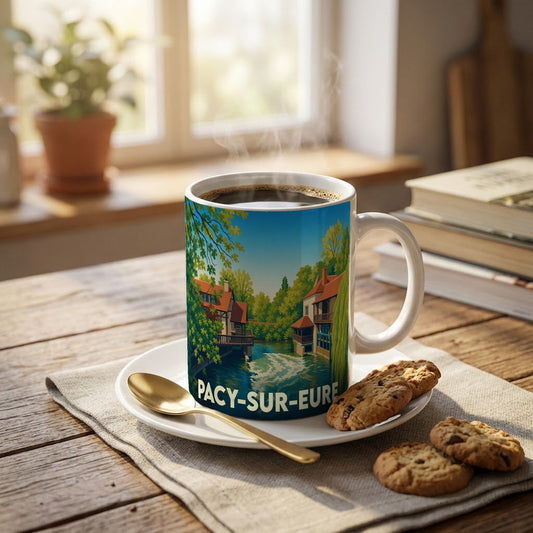 Mug souvenir de la ville de Pacy-sur-Eure avec une illustration stylisée d'un paysage de bord de rivière.