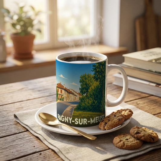 Mug souvenir de la ville de Pagny-sur-Meuse avec une illustration stylisée.