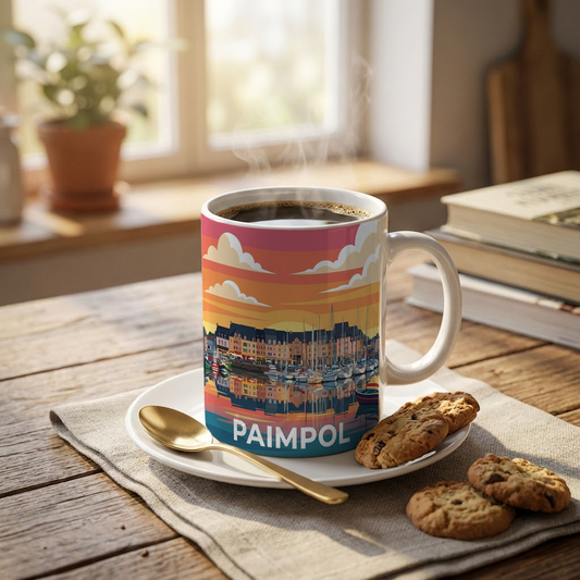 Mug souvenir de la ville de Paimpol illustré d'une vue colorée de son port au coucher du soleil.