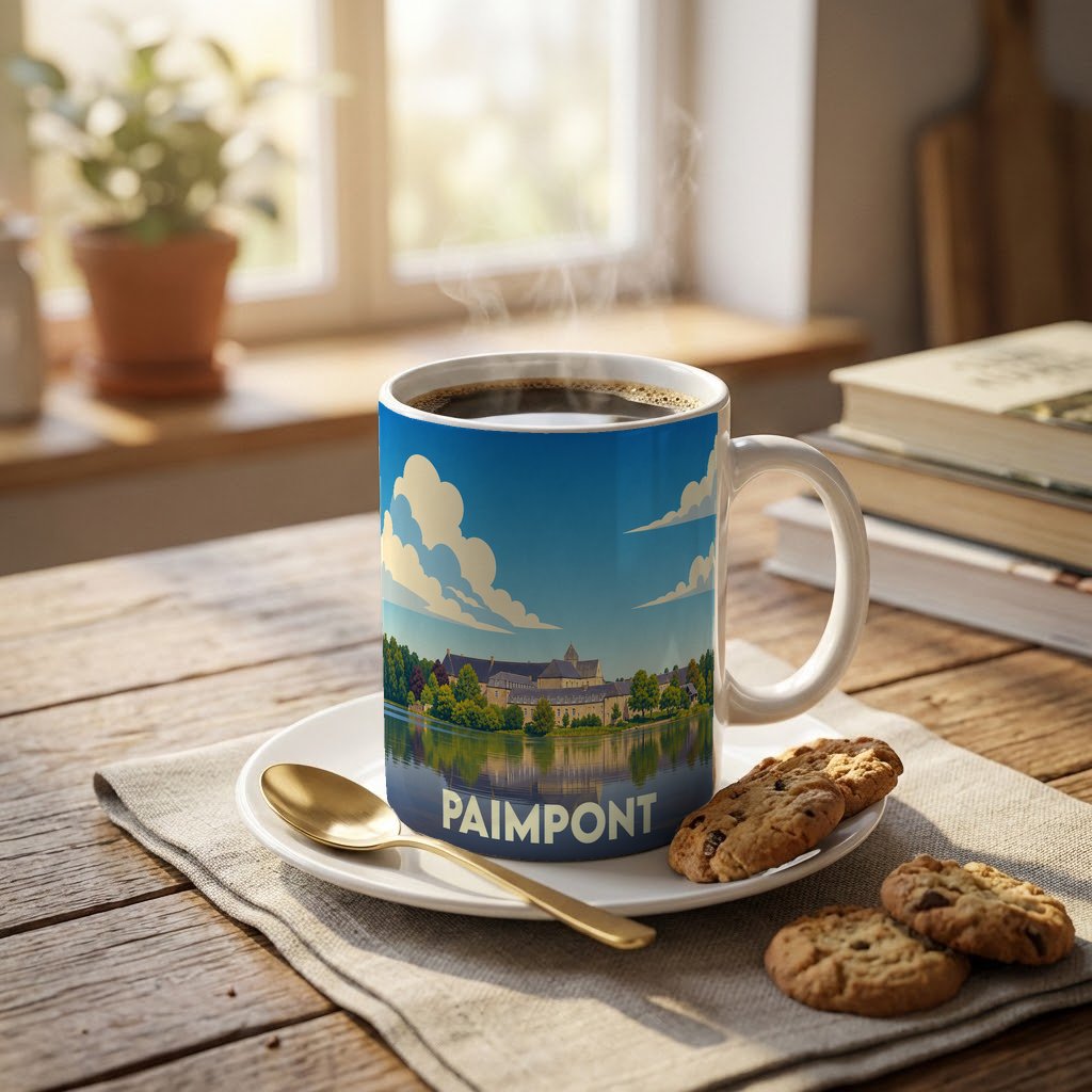 Mug souvenir de la ville de Paimpont illustré par un paysage lacustre stylisé.