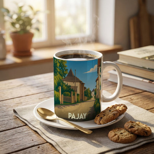 Mug souvenir de la ville de Pajay orné d'une illustration stylisée d'un paysage de village.
