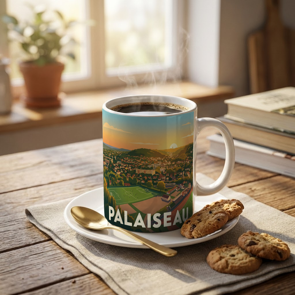 Mug souvenir de la ville de Palaiseau avec une illustration stylisée.