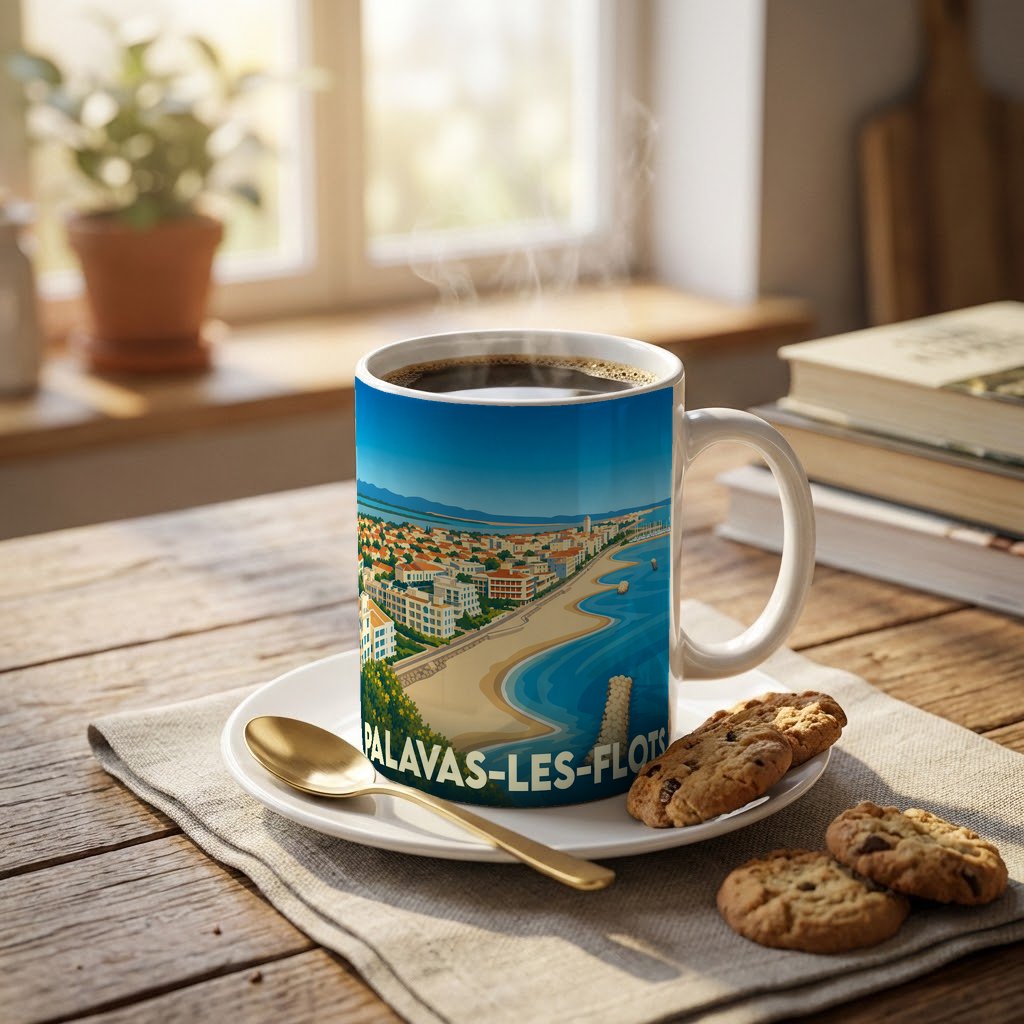 Mug souvenir de la ville de Palavas-les-Flots orné d'une illustration balnéaire stylisée.