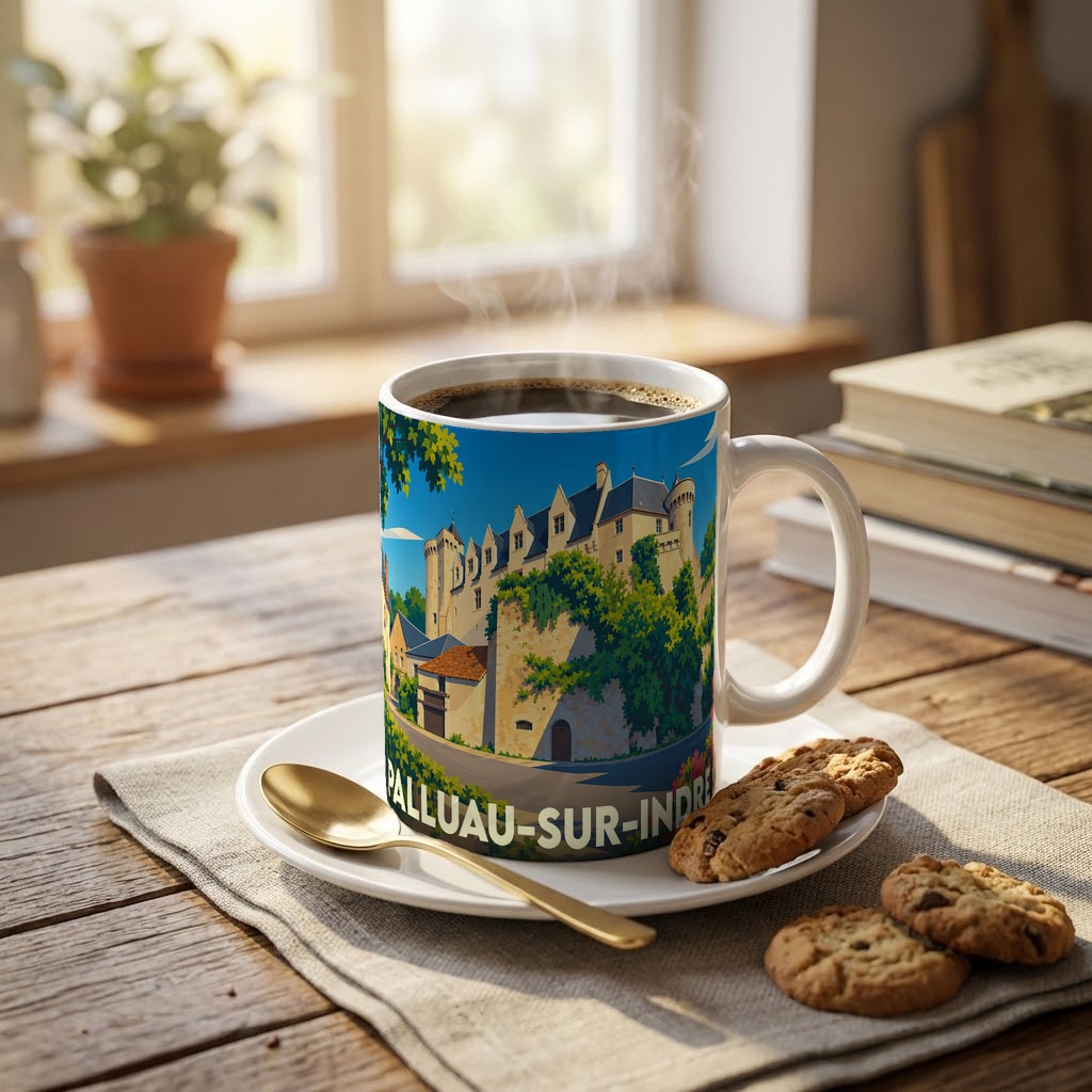 Mug souvenir de la ville de Palluau-sur-Indre avec une illustration stylisée d'un château.