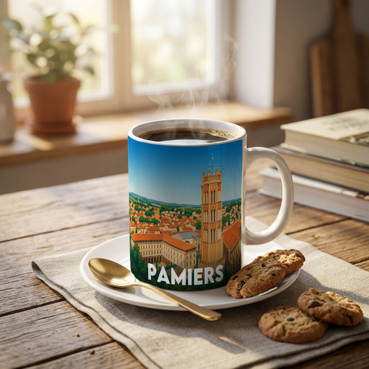 Mug souvenir de la ville de Pamiers avec une illustration stylisée de son paysage urbain et de son clocher.